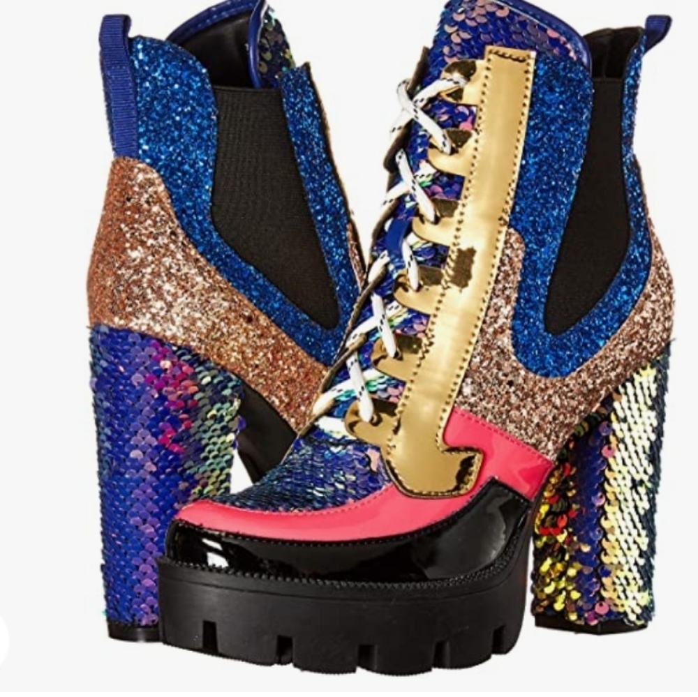 Gold Glitter Platform Ankle Boots with Chunky Heel